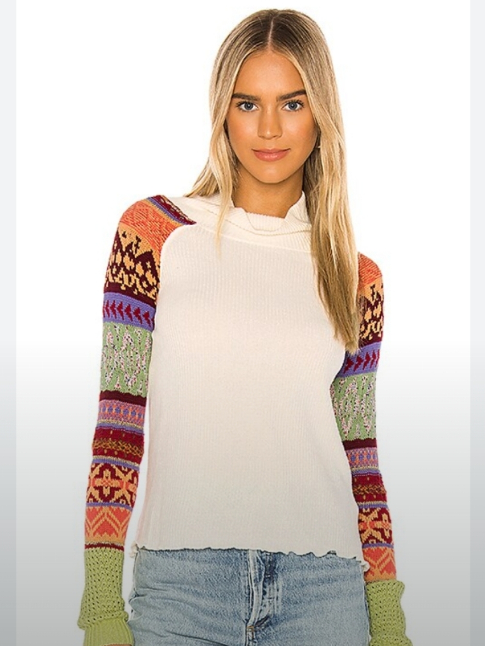 🤠🌻Free People Cream Crewneck Sweater with Multicolor Patterned Sleeves Size S
